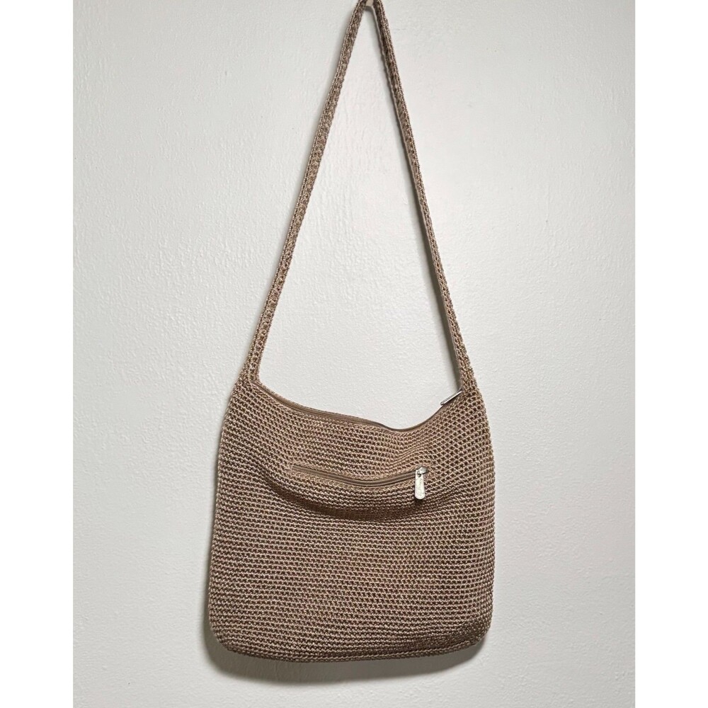 THE SAK 120 Hobo Crochet Shoulder Bag Neutral Taupe Tan Slouch Boho Zip